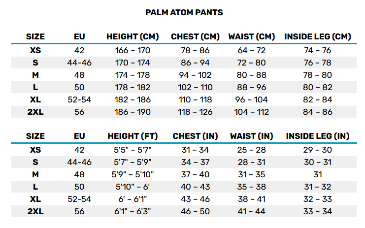 2025 Palm Atom Pants 0 Gráfico do tamanho